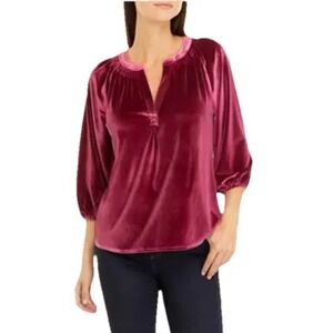 Crown & Ivy Velvet Blouse Womens Medium Pink Velour V-Neck 3/4 Sleeve Blouse